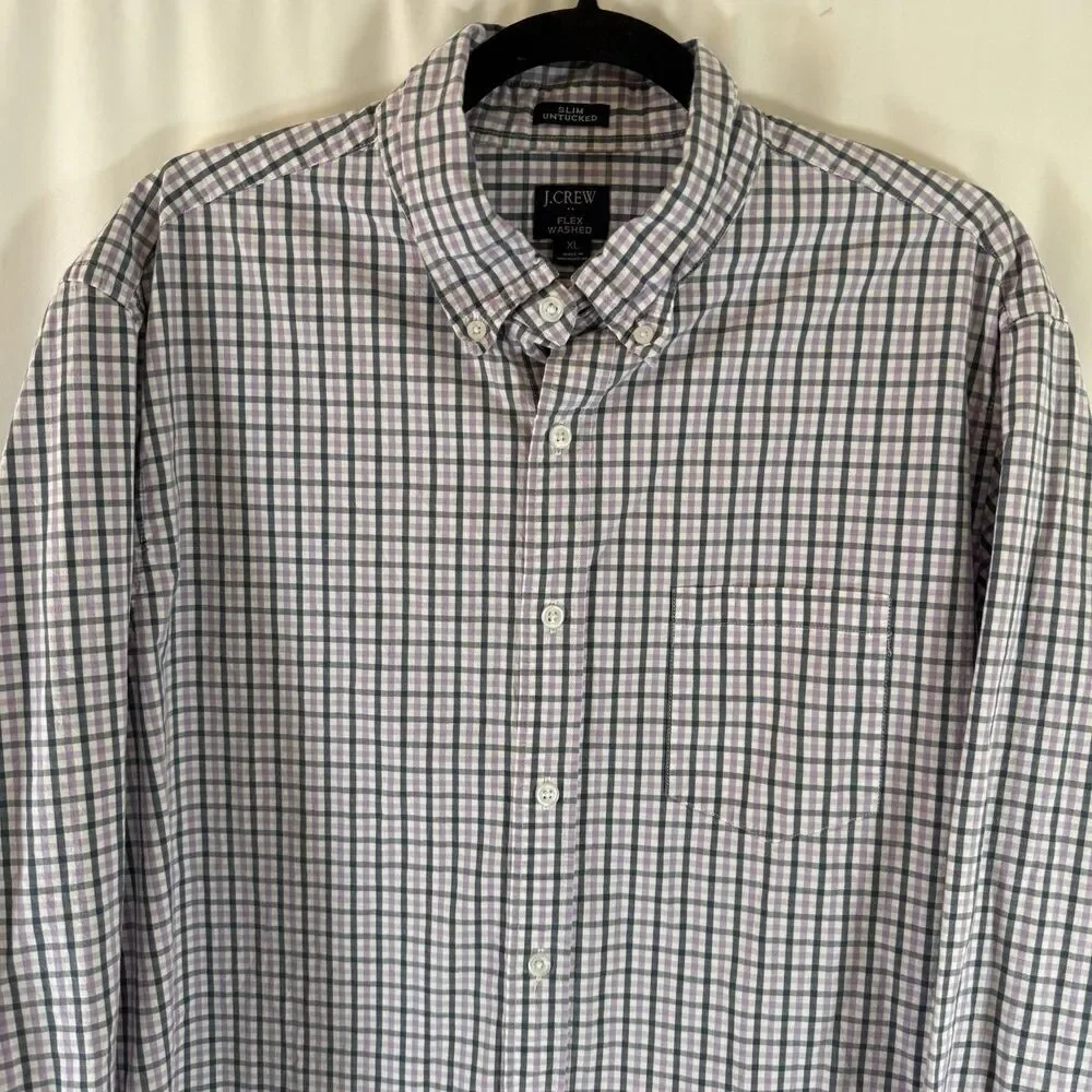 J. Crew Flex Washed Shirt Mens XL Purple Plaid Button Up Long Sleeve Slim Untuck